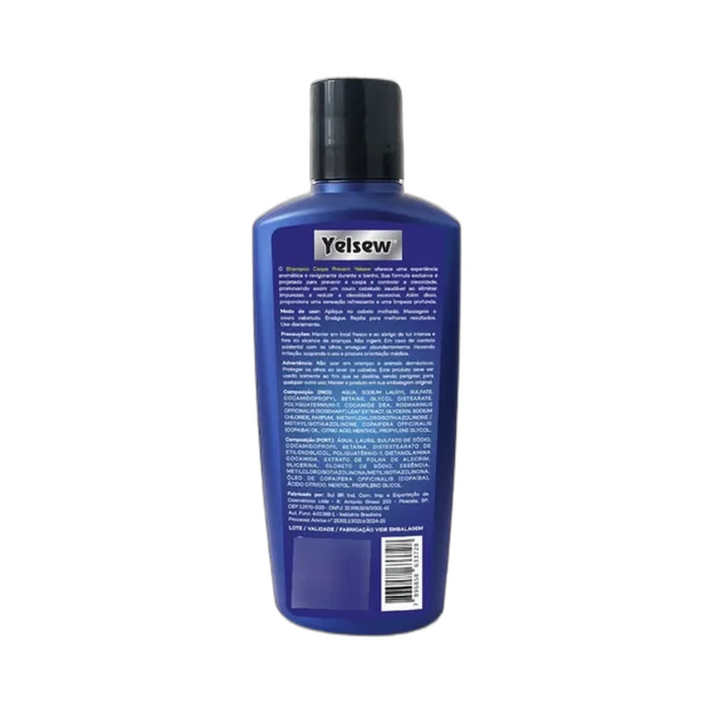 Frasco frontal do Shampoo Yelsew Mentolado Caspa Prevent 230ml em fundo branco.